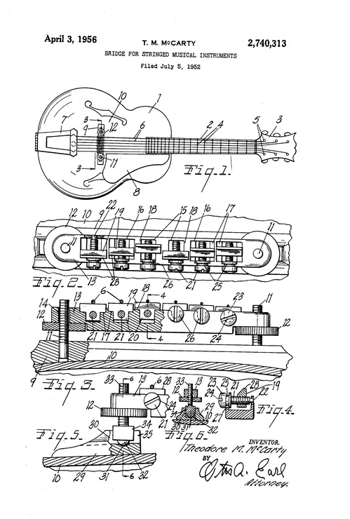 Ted McCarty's 1956 patent drawing for a bridge for stringed musical instruments, the Tune-o-matic