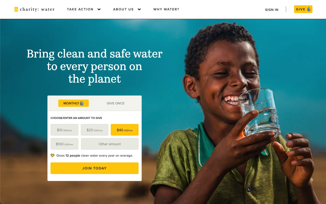 charity: water desktop homepage with a monthly giving form: Bring clean and safe water to every person on the planet
