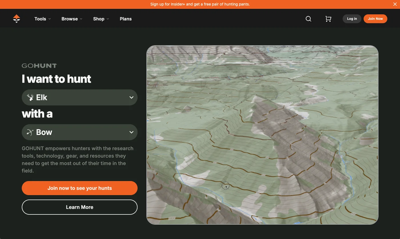 GOHUNT desktop landing page showing 3D topographic hunting maps