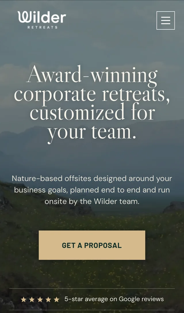 Wilder Retreats mobile homepage with a Get a proposal button